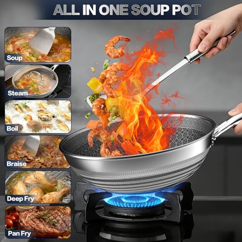 Balavina Woks & Stir-fry Pans Nonstick - Hybrid 304 Stainless Steel Wok 10.8" Non Stick Wok Pan with Lid for Induction, Electric, Gas, All Stoves, PFOA Free Cookware, Dishwasher and Oven Safe by Balavina - Image 5