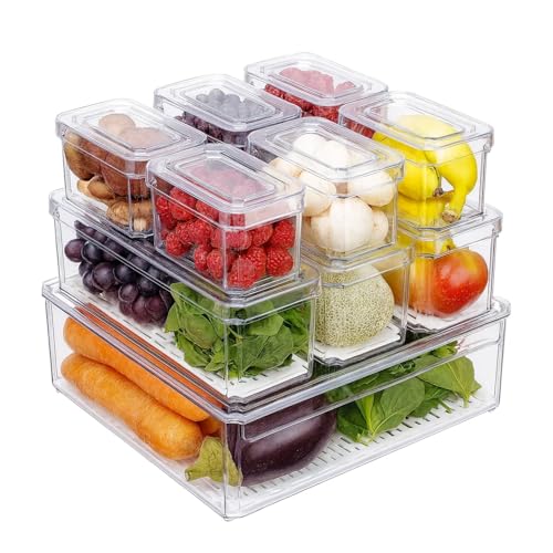 Set of 10 Fridge Organizers with Lids 3Sizes Clear Stackable Refrigerator Storage Bins with Drain Holes BPA-Free Plastic Food Containers for Fruits Vegetables Pantry Kitchen Cabinet Organization