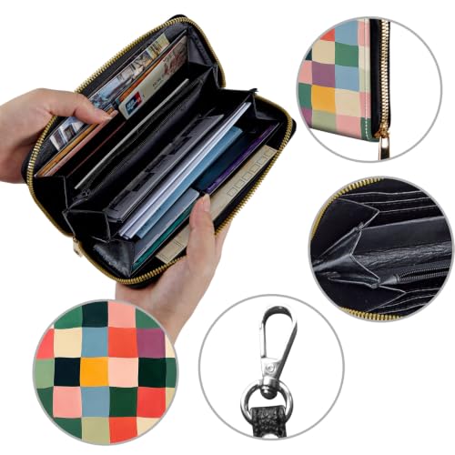 Image of Women's Wallets Credit Card Holder Money Leather Long Wallet | Long wallet with Wristlet,Large Capacity with Zip-Around Phone Purse for Women Ladies Girls,Colorful Retro Checkerboard