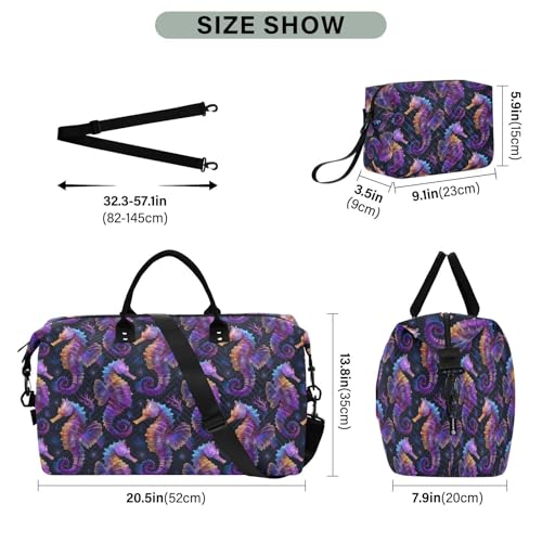 Seahorse Colorful Black Large Travel Duffle Bag Weekender Overnight Bags Gym Yoga Bag for Women Men with Toiletry Bag3