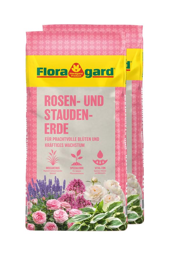 Floragard Rosen und Staudenerde 80 Liter (2x40L) - torfreduzierte Spezialerde mit Ton für Rosen im Garten und im Kübel