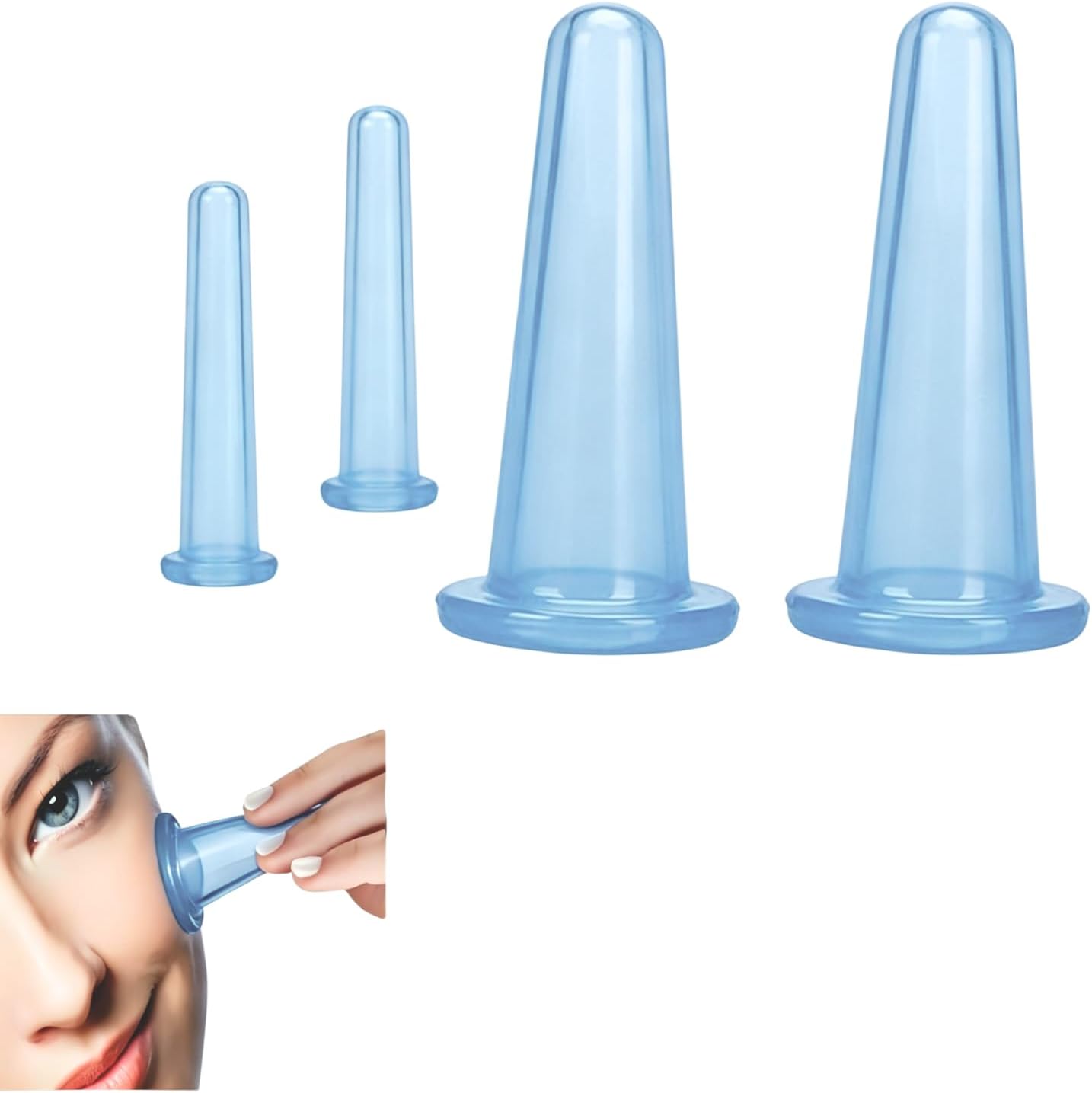 Facial Cupping Therapy Set, 4Pcs Silicone Vacuum Massage Cups for Face and Eye Cupping, 2 Small + 2 Large (Blue)