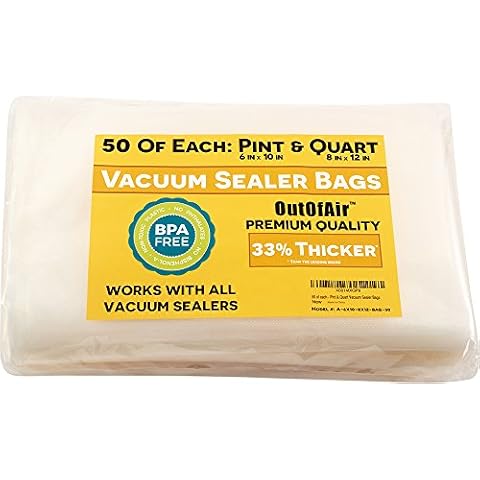 100 Vacuum Sealer Bags: 50 Pint (6" x 10") and 50 Quart (8" x 12") OutOfAir Vacuum Sealer Bags Works with FoodSaver & Other Savers. 33% Thicker, BPA Free, Great for Sous Vide Cover