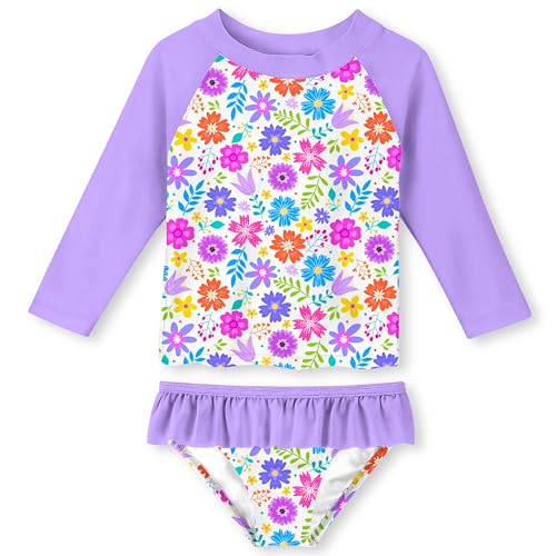 Image of Funnycokid Girls Swimsuit Toddler Bathing Suit Long Sleeve 2 Piece Rash Guard Set for Kids 2-10 Years