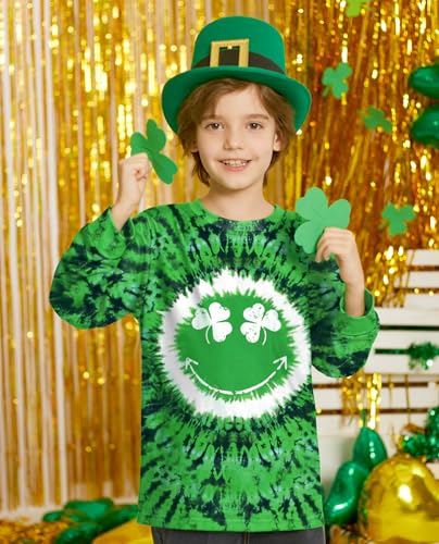 Image of Unisex Kids St. Patrick's Tie Dye Irish Clover Long Sleeve Shirt Shamrock Green Sweatshirt 6-14 Years