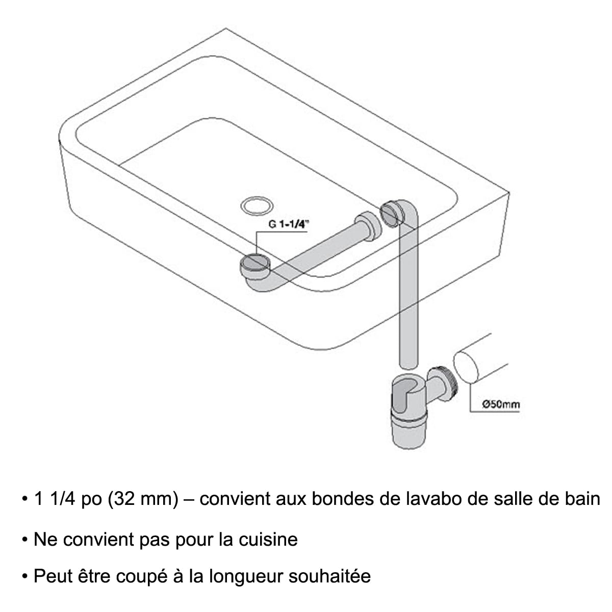 Siphon de lavabo compact 32 mm, siphon pivotant réglable en P pour salle de bain, tuyau d'évacuation mural rotatif à 360° (blanc)