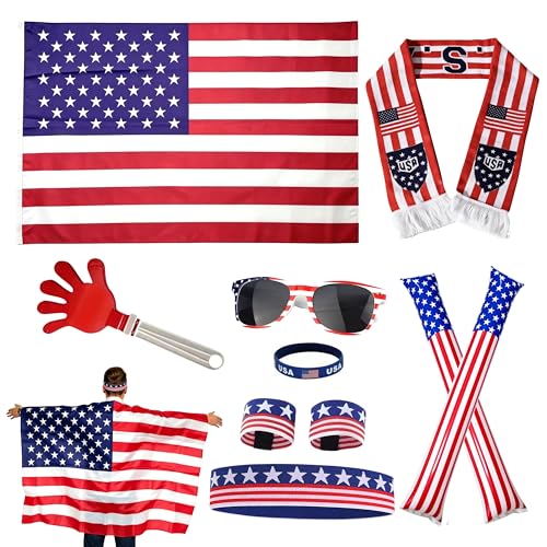 AICARSHI USA Patriotic Fan Gear Kit, 10pcs Patriotic Accessories, for Football Game Day and Parties - with USA Team Flag, Scarf, Headband, Wristbands, Sunglasses, Clapper, Cheering Sticks - image 1