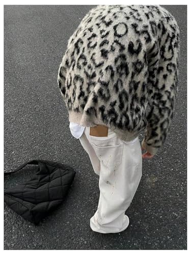 Men's Leopard Sweater Y2k Fuzzy Cheetah Sweater Crew Neck Drop Shoulder Streetwear Pullover Tops3