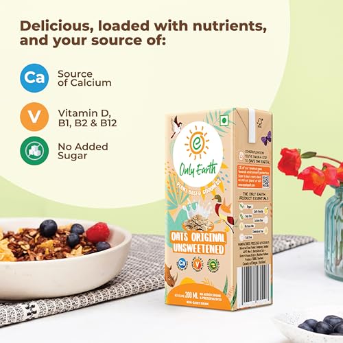 Image of Only Earth Oats Milk | Unsweetened Drink | Lactose Free | Preservatives Free | Plant Based | Dairy Alternative | Source of Calcium | Source of Vitamin B1, B2 & B12 (180ml(Pack of 8))