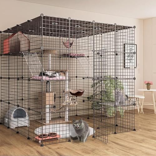 猫ケージ ゲージ 猫 猫 ケージト イレ付きキャットケージ トイレ付き 脱走防止ロック 猫/ウサギ/小動物対応 折りたたみ 室内飼育 日本語説明書付き ペットゲージ (ブラック,147*111*145cm)