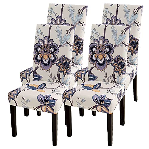 Image of SearchI Dining Room Chair Covers Set of 4, Stretch Printed Floral Parsons Chair Slipcovers Spandex Removable Washable Kitchen Chair Protector Cover for Dining Room, Hotel, Ceremony (Beige+Flower)