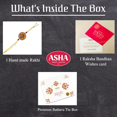 Image of ASHA SWEETS Rakhi Celebration Combo Pack with Premium Baklava Tin Box (430gm), 1 Handmade Rakhi & Wish Card Set for Gifting to Brother & Sister |Premium Raksha Bandhan Festive Gift Box for Family & Friends & Pets