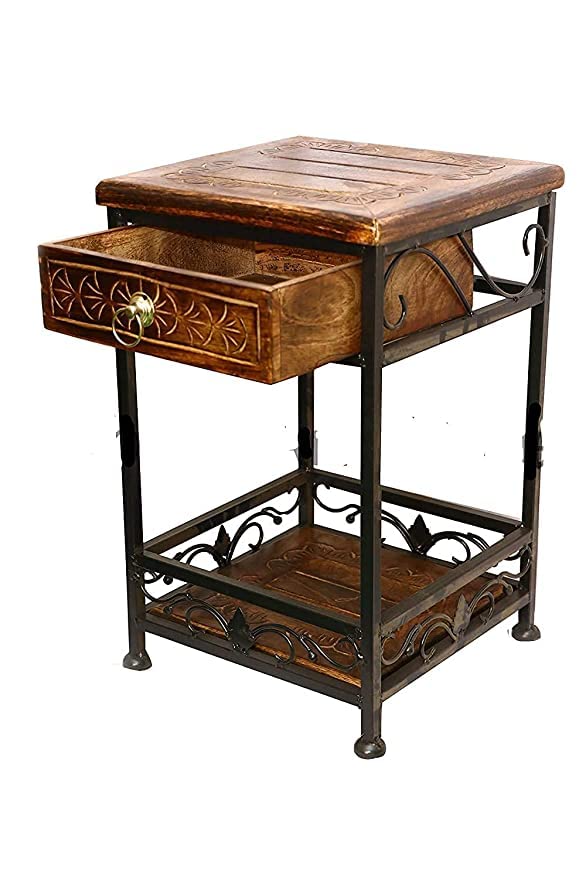 Wrought Iron End Table with 1 Drawer and Shelf Modern End Table for