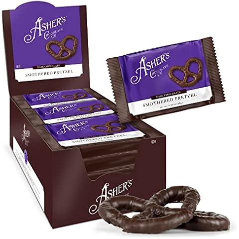 Asher's Chocolates, Chocolate Covered Pretzels, Gourmet Sweet and Salty Candy, Individually Wrapped Snack, Family Owned Since 1892 (18 count, Dark Chocolate) Cover