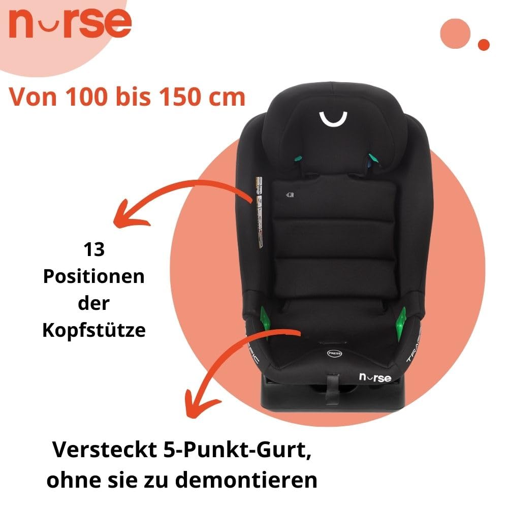 Nurse Traffic Kindersitz i-Size 40-150 cm, 0-12 Jahre, Ohne Isofix, Rückwärtsgerichtet, Verstellbar, mit Neugeboreneneinsatz, Gurtinstallation, Grau