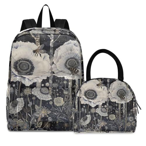 Backpack Lunch Box Set Large Capacity Travel Backpacks and Insulated Lunch Bag for Commute Hiking Picnic Painting Bee Flower Print