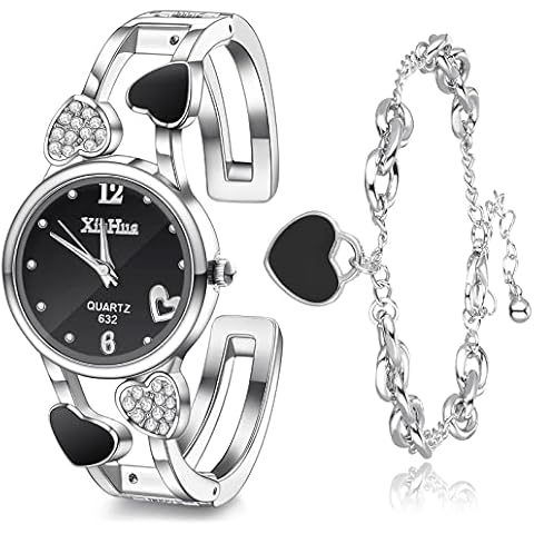 Set Reloj de Pulsera para Mujer de Corazón con Diamantes de Imitación y Pulsera de Plata de Cristal (Negro) Cover
