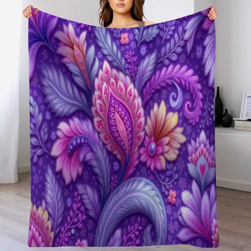 GSAEIMCT Manta Franela para Cama,Manta para Sofá Rosa Púrpura Flores De Cachemir 220X240Cm Suaves Microfibra Grande Flannel Blanket,Plantas Coloridas Estampado Manta Invierno Calentitas