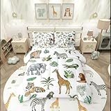 Erosebridal Wild Animal Kids Bed in A Bag Twin 7 Piece Cartoon Elephant Giraffe Comforter Set Safari Animals Bedding Sets for Kids Crocodile Tiger Zebra Palm Tree Tropical Sheet Set with Comforter