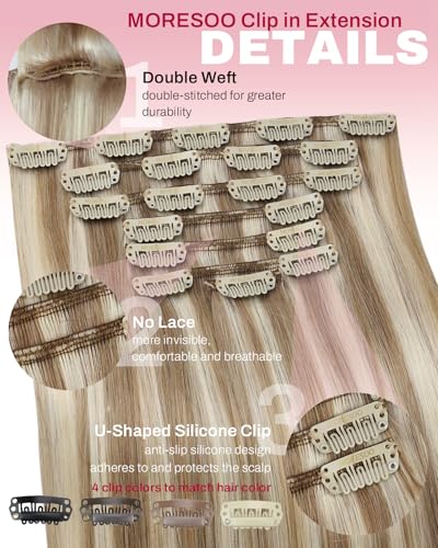 Image of Moresoo Clip in Hair Extensions Blonde Highlight Straight Real Hair Extensions Clip in Human Hair Light Brown with Blonde for Party Women Full Head 7pcs 120g 18inch