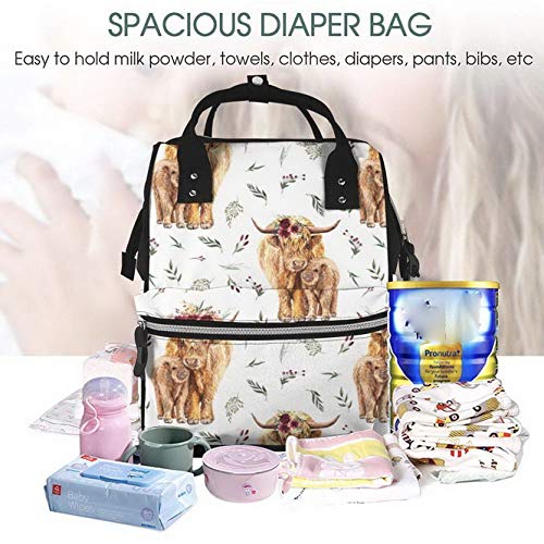 Highland Cows With Leaves And Maroon Floral Fashion Diaper Bags Mummy Backpack Large Capacity Nappy Bag Nursing Bag For Baby Care For Traveling Multi Functions Waterproof #TOP4