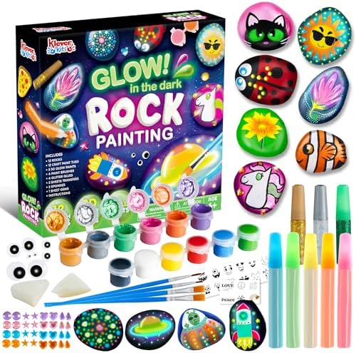 JOYIN 12 Rock Painting Kit, 43 Pcs Arts and Crafts for Kids Ages 6-8+, Art Supplies with 18 Paints (Glow in The Dark & Metallic & Standard), Craft Paint Kits, Toy Gifts for Boys and Girls Ages 4+