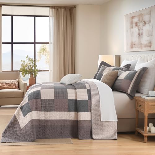 Image of EWlinens 100% Cotton 120 inchx120 inch Oversized King Bedspread - Farmhouse Extra Large Quilts King Size, All Season Patchwork Plaid Rustic Striped Quilt Bedding Set, 3pcs, Chocolate Malt /Brown /Black /Beige