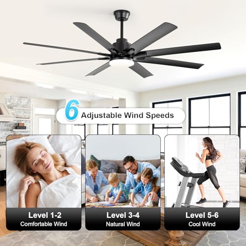 Image of Sofucor 52 Inch Ceiling Fans with Lights, Smart Indoor /Outdoor Ceiling Fan With Remote, Work with Alexa /Google, Quiet Reversible DC Motor, 6-Speed, 8 Blade Black Ceiling Fans for Patio Bedroom Garage