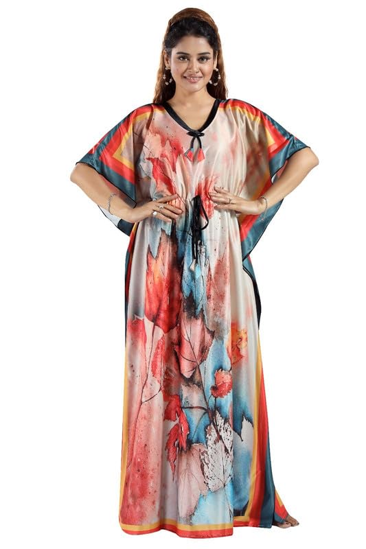 Image of Women's- Kaftan /Nighty /Maxi /Gown /Nightdress /Nightwear Serena Fabric- V-Neck Floral Print