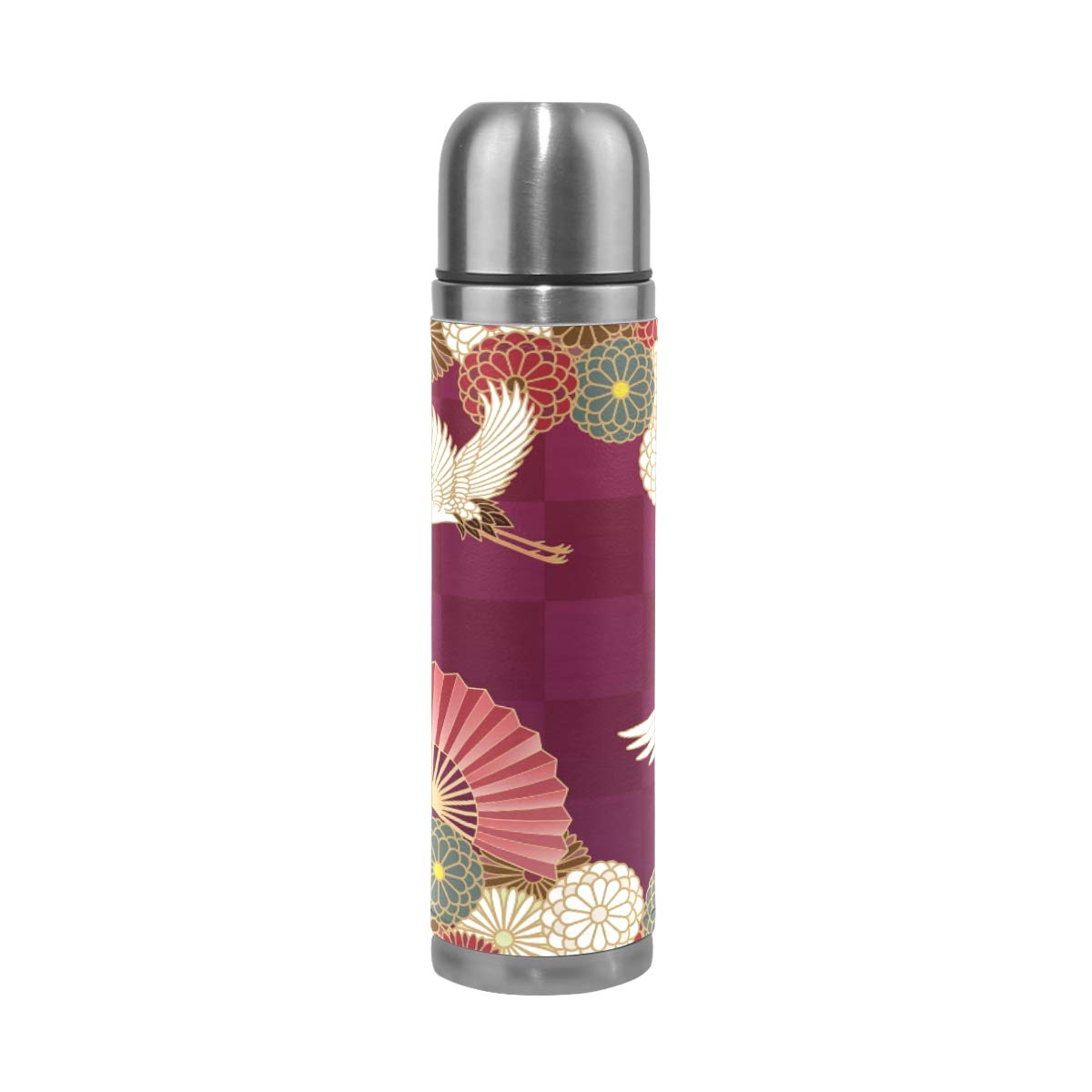 Taza de viaje de acero inoxidable con aislamiento al vacío, doble pared, a prueba de fugas, diseño tradicional japonés, con estampado personalizado impreso en piel auténtica, 500 ml