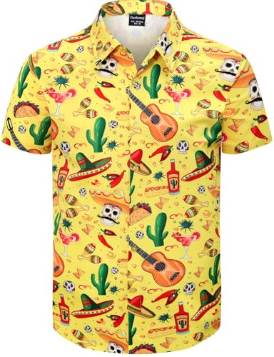 Fashonal Cinco De Mayo Button Up Shirt Mens Mexican Shirt Short Sleeve Fiesta Outfit Yellow Party Shirt, Mexican Fiesta, Size M