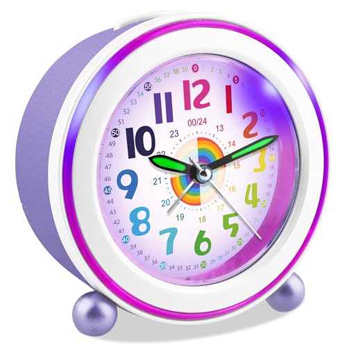 Ayybboo Wecker Kinder Ohne Ticken mit Snooze und Nachtlicht,Kinderwecker Batteriebetrieben Lernwecker für Jungen und Mädchen,Quarz Analog Wecker für Kinder (Regenbogenviolett)