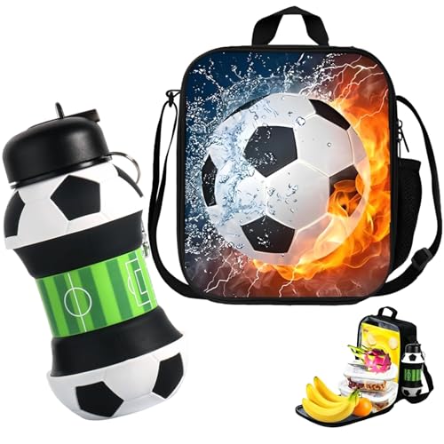2 Pcs Football Lunch Box Football Lunch Bag for Boys Kids Lunch Bag with Football Design Insulated Lunch Box for School Picnic Travel and Sports Activities Compact and Durable Meal Carrier