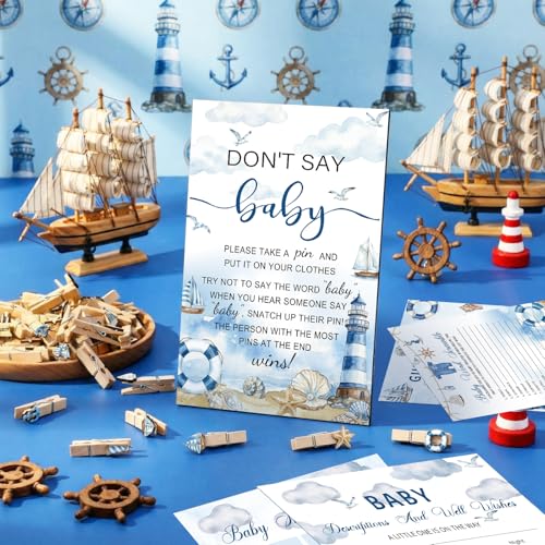 Image of Patelai 321 Pcs Ahoy It's a Boy Baby Shower Game Supply for Girl or Boy 5 Set Include 50 Activity Card 20 Pencil 1 Don't Say Baby Sign 50 Nautical Clothespin for Price Prediction Bingo Decor
