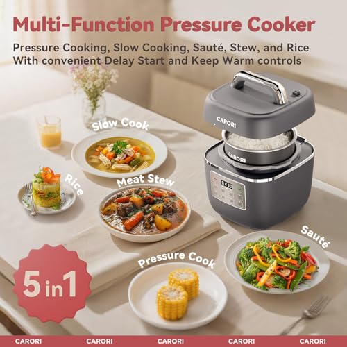 Image of Electric Pressure Cooker 3QT, 8-Function Compact Multi-Cooker with Ceramic Nonstick Pot for Saute, Pressure Cook, Slow Cook, Meat Stew, Rice, Delay Start, Keep Warm, Safe Venting, Gray