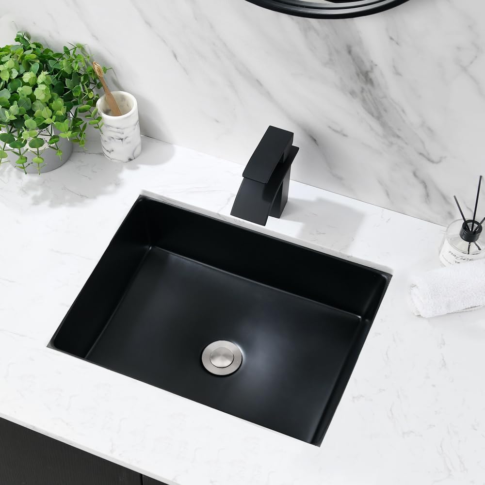 Schwarzes Keramik Unterbauwaschbecken 50x38x18 cm Rechteckig mit Überlauf - Einbauwaschbecken für Badezimmer & Gäste WC, inkl. Pop-up Ablauf Edelstahl