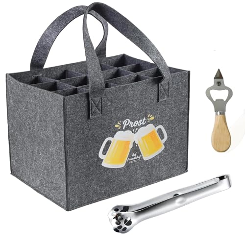 Flaschentasche 12 Fächer, Filz Flaschenträger für 12 Flaschen (1,5L) mit Flaschenöffner und Grillzange, Geräuscharm, Faltbar,Flaschenkorb für Bier,Wein,Wasser–Männerhandtasche and Geburtstagsgeschenke
