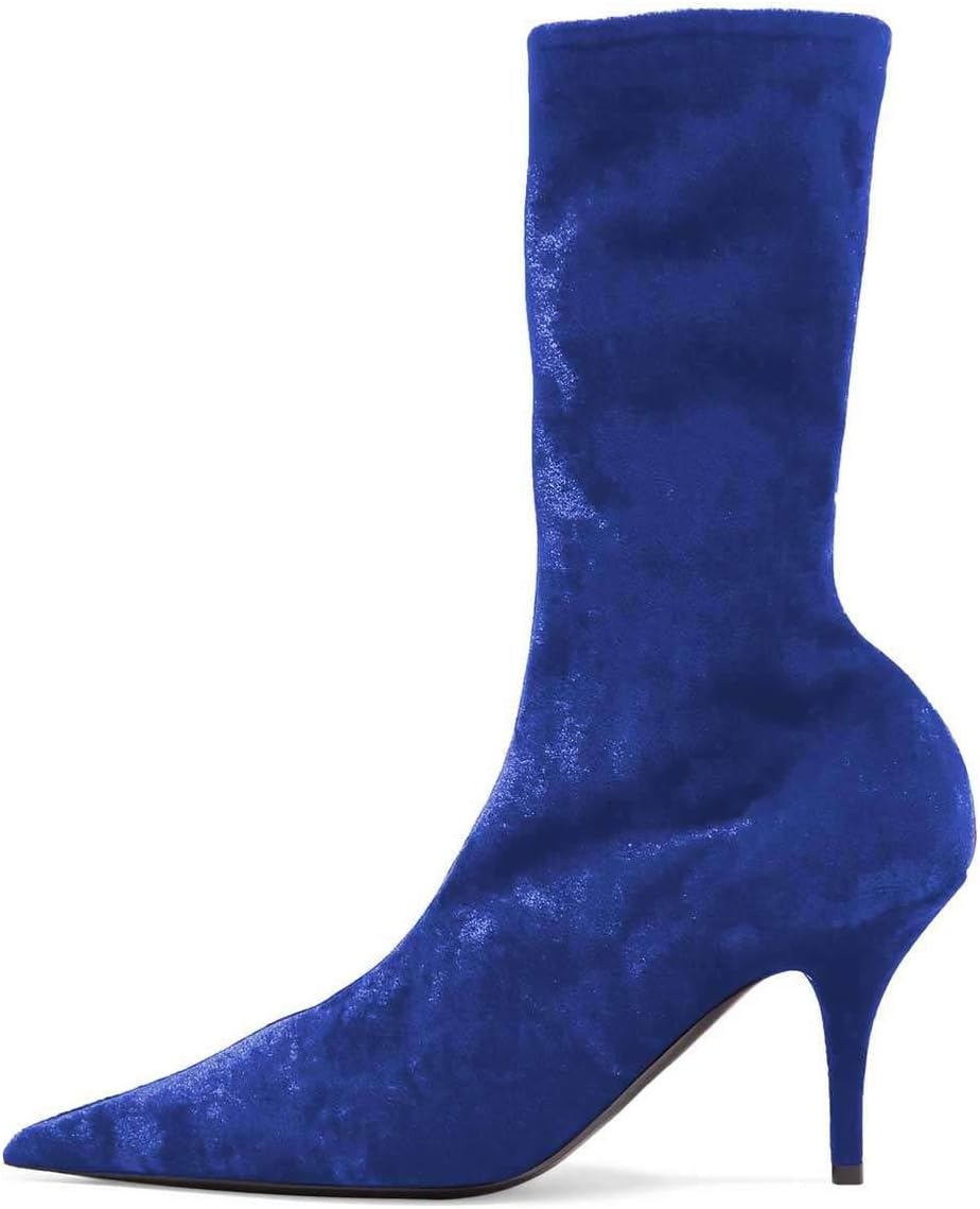 FSJ womens Pointed Toe High Heel Mid Calf Velvet Sock Boots Shoes Size 4-15 US