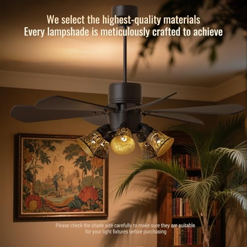 Image of 4 pack ceiling fan light covers- small lamp shades,mini lamp shades,metal lamp shade for pendant light shade, wall lamp, with 1-5 /8 inch Fitter, 4-3 /4 inch Height and 4-3 /4 inch Diameter, black and gold colors.