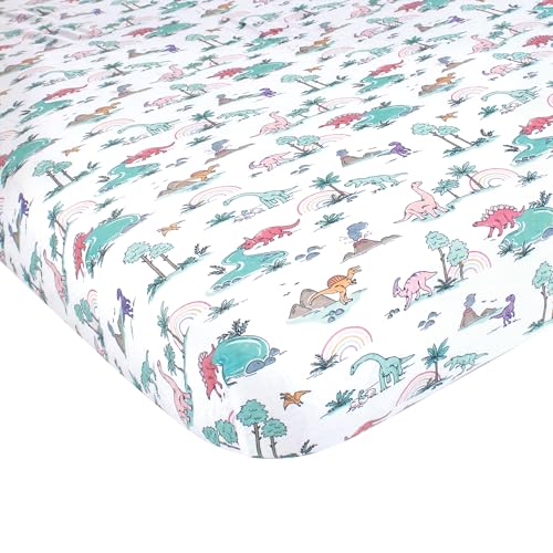 Image of Hudson Baby Unisex Baby Cotton Fitted Crib Sheet, Pink Dinosaur Adventures, One Size