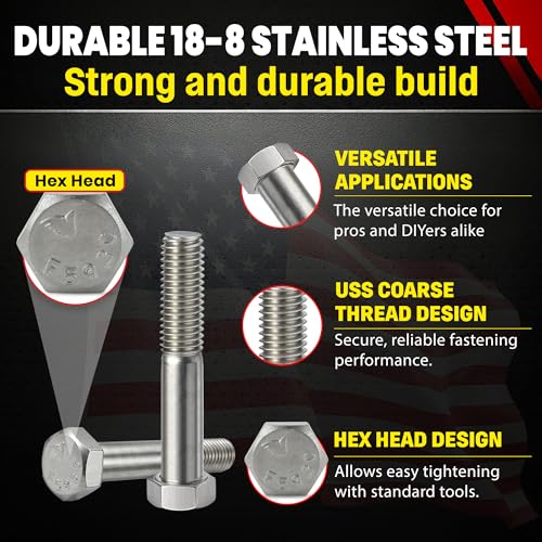 Image of Stainless 7 /16-14 x 2-1 /2 inch Hex Head Bolts (3 /4 inch to 5 inch Lengths Available in Listing), 304 Stainless Steel, 10 Pieces (7 /16-14 x 2-1 /2 inch)