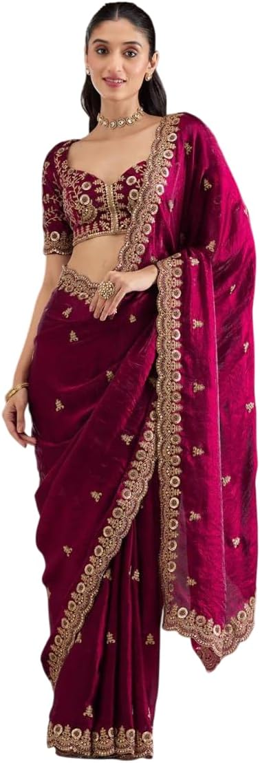 Indian Wedding Embroidered Silk Saree with Blouse, Gold Border, Bridal Wedding Wear