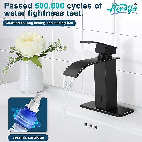 Herogo Touchless Bathroom Sink Faucet, Herogo Automatic Sensor Matte Black Waterfall Stainless Steel Bathroom Faucet With Brass Pop Up Drain thumb #5