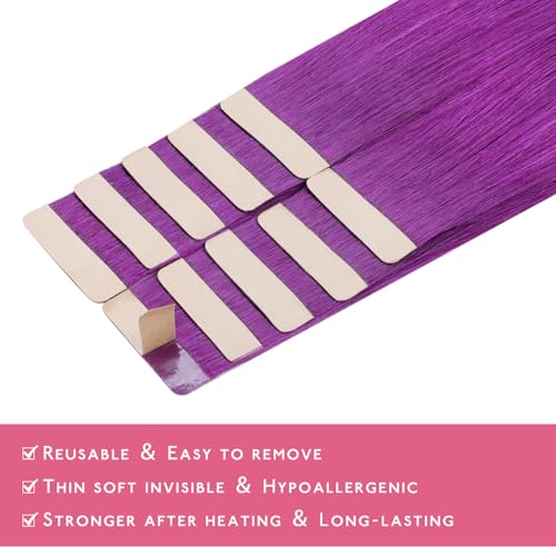 Image of Wennalife Purple Tape in Hair Extensions, 10pcs 30g 24 inch Remy Invisible Tape Ins Straight Colored Soft Real Human Hair Tape in Extensions Refill Set Extensions