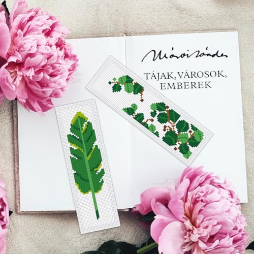 Image of INFUNLY 6PCS DIY Green Leaves Cross Stitch Bookmark Kits 7.9x2.4 Tropical Plant Stamped Embroidery Bookmarks Kit with Instruction Foliage Needlepoint Bookmark Kits for Book Lovers Readers Writers