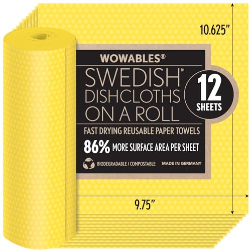 Swedish Dishcloths for Kitchen On a Roll - 12 Sheets, Ultra Absorbent Eco Friendly Cleaning Cellulose Sponge Cloths, Reusable Paper Towels Dishwasher Safe Hand Towels, 10.625" x 9.75" Made In Europe