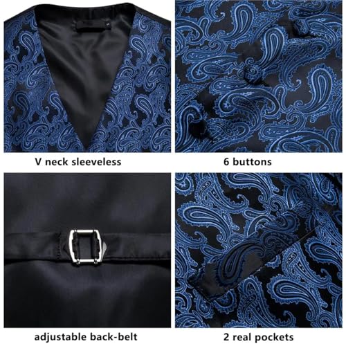 Men’s Paisley Silk Vest Set 3-Piece Textured Dress Waistcoat with Tie and Pocket Square for Wedding or Formal Suit4