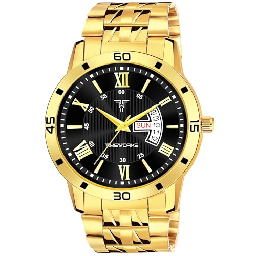 Image of TIMEWORKS Stainless Steel Designer Golden Round Shape Day & Date Dial Men's & Boy's Analog Watch, Band Color:Gold