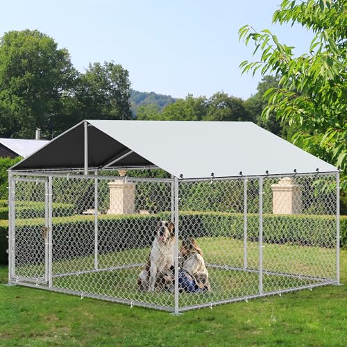 10'x10' Outdoor Dog Kennel with Metal Dog Gate, Outdoor Dog Pens with Roof, Heavy Duty Dog Kennel for Backyard Farm Use
