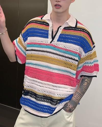 CORIRESHA Men's Hollow Out Striped Sweater Collared Short Sleeve Casual Knit Top3